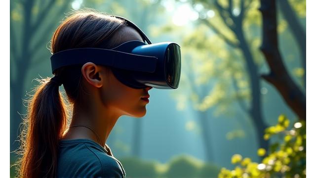 Personne utilisant un casque VR dans une forêt virtuelle